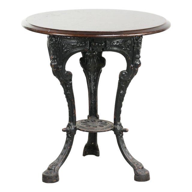 Antique English Side table with Cast Iron Base and Round Wooden Tabletop For Sale