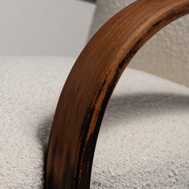 20th Century Czech Republic Warm Ivory Boucle Bentwood-Arm Lounge Chair For Sale - Image 10 of 11
