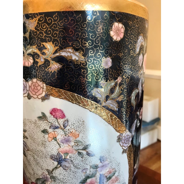 Vintage 1980s Porcelain Flora Umbrella Stand in Cobalt Blue With Multi Colors and Textured Gold Accents For Sale - Image 4 of 6