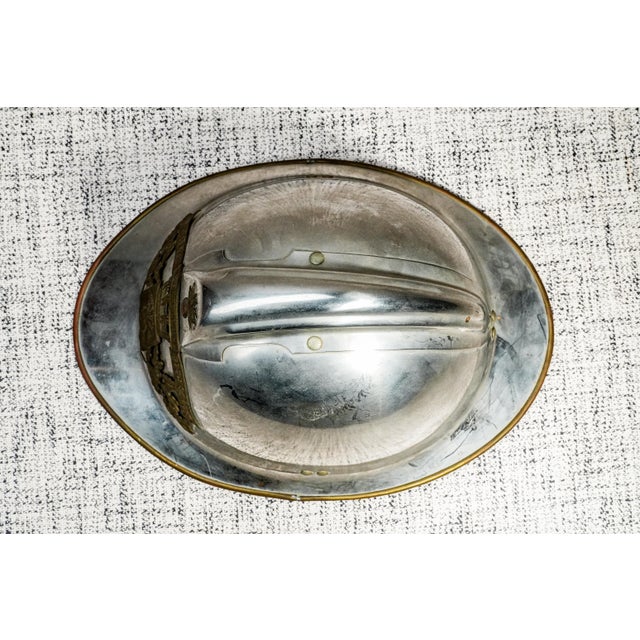 Fascinating Antique French France Fireman's Helmet Decorative Silver Tone Metal With Bronze Crest Home Decor For Sale - Image 9 of 11
