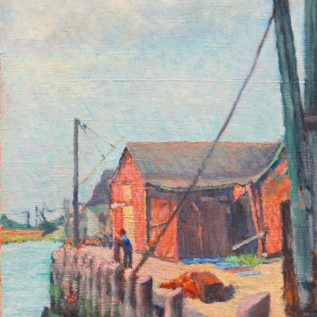 'The Old Wharf', American School Marine Figural, Circa 1925, Nautical Oil, Industrial Harbor For Sale - Image 4 of 9