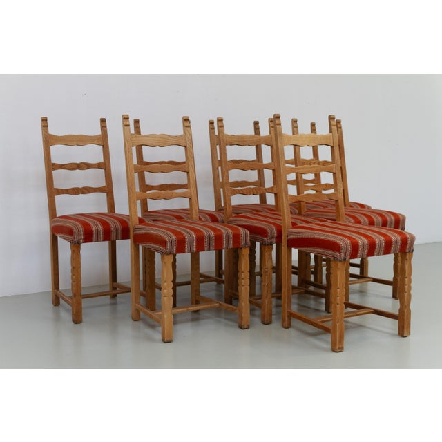Mid-Century Modern Vintage Danish Brutalist Oak Ladder Back Dining Chairs, 1960s, Set of 8 For Sale - Image 3 of 18