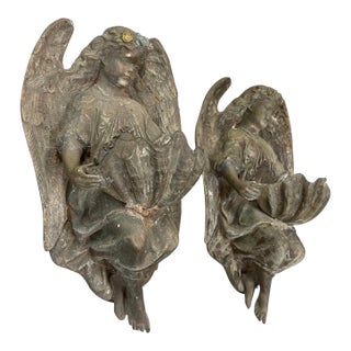 Pair of Vintage Continental Classical Bronze Winged Angel Wall Pockets / Clamshell Holy Water Fonts For Sale