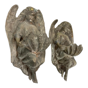 Pair of Vintage Continental Classical Bronze Winged Angel Wall Pockets / Clamshell Holy Water Fonts