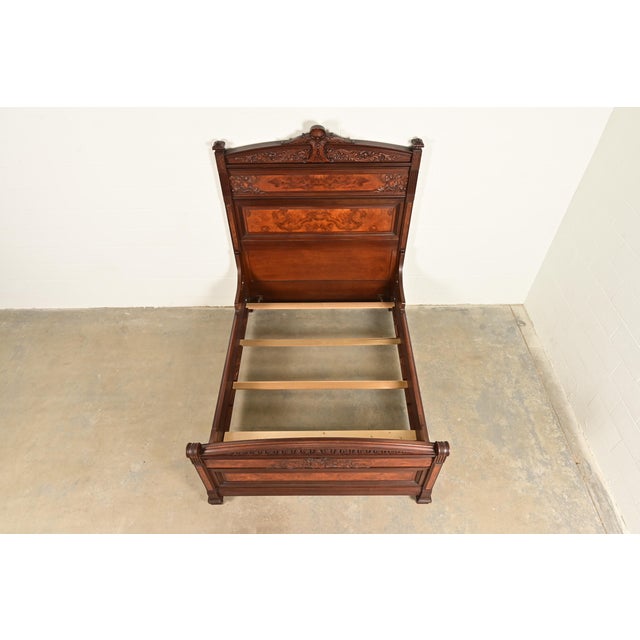 Late 19th Century Herter Brothers Style Antique Eastlake Victorian Carved Walnut and Burl Wood Queen Size Bed, Circa 1880s For Sale - Image 5 of 10