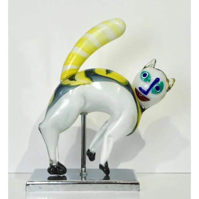 Alfredo Barbini Italian Modernist White Yellow Murano Art Glass Cat