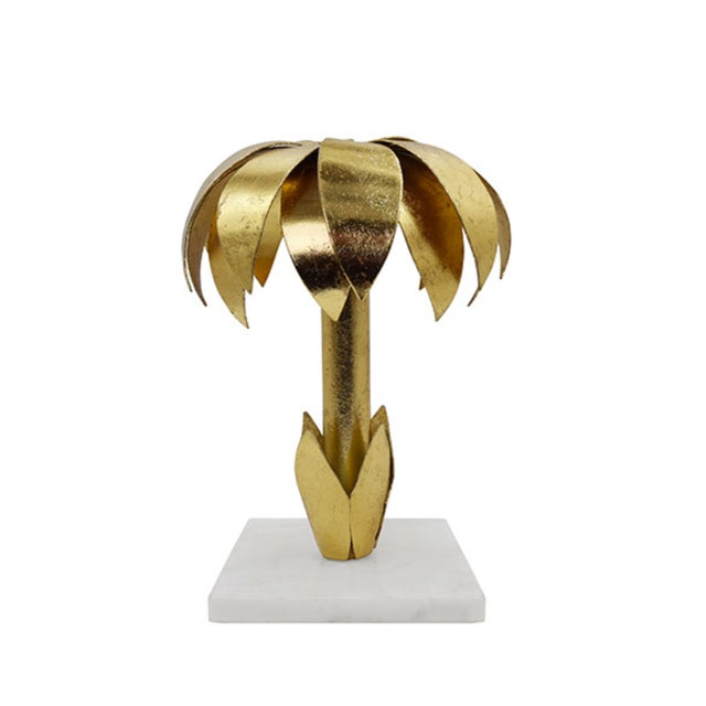 Contemporary Matthew Izzo Home Palmy Iron Palm Tree Gold Leaf Candle Holder on White Marble Base For Sale - Image 3 of 6