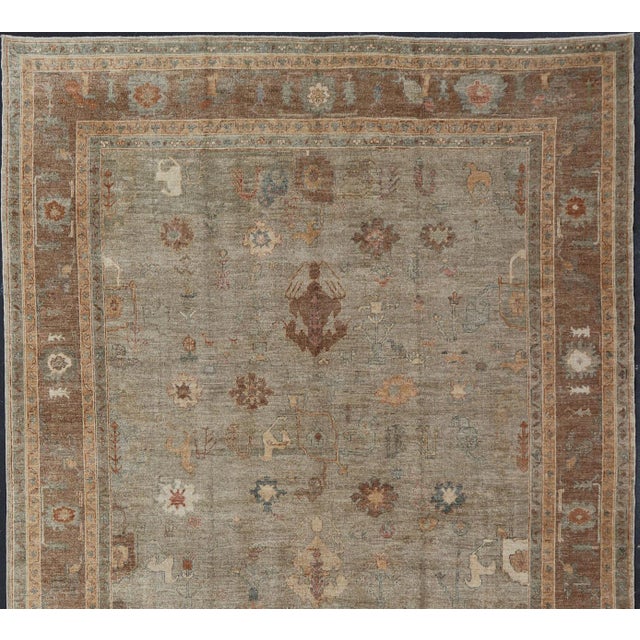Tribal Large Turkish Angora Oushak Rug in Washed Sage With Rust and Ivory 11'10 X 17'4 For Sale - Image 3 of 17