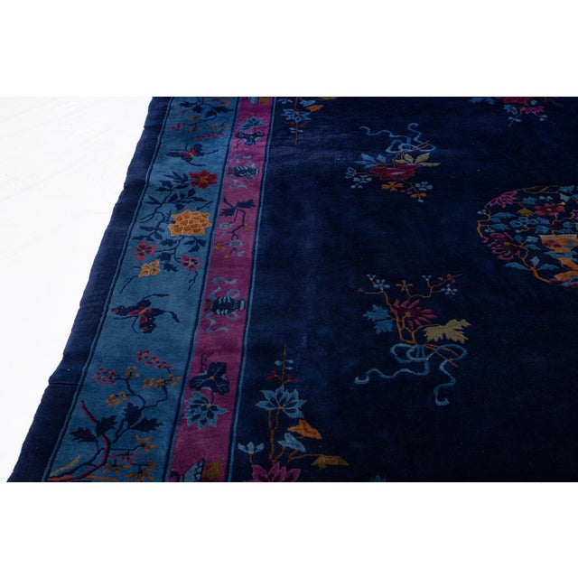 1920s Navy Blue Antique Chinese Art Deco Handmade Wool Rug With Floral Design For Sale - Image 14 of 15