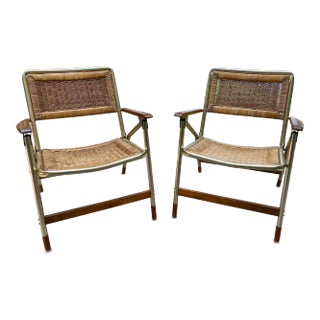 1970s Mid Century Modern Telescope Wicker and Aluminum Folding Chairs - a Pair For Sale