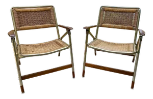 1970s Mid Century Modern Telescope Wicker and Aluminum Folding Chairs - a Pair