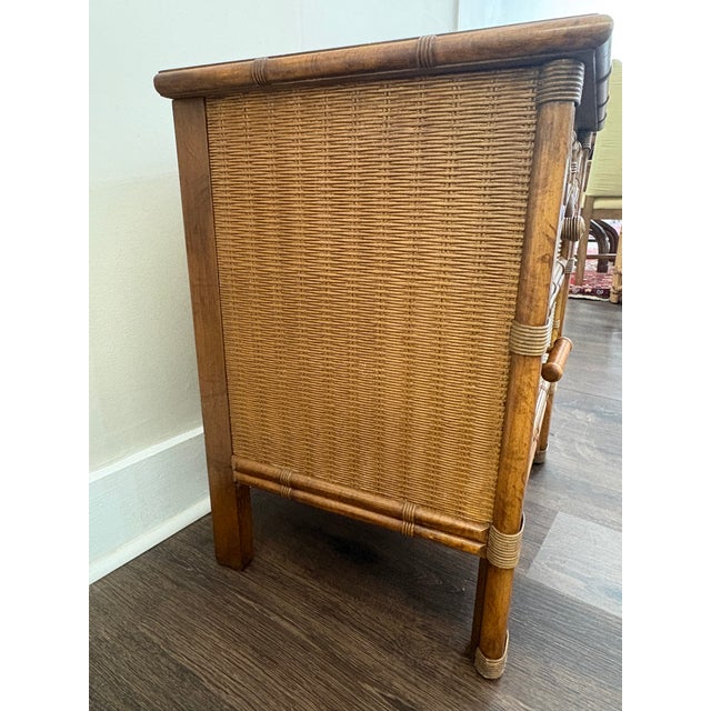 1970s Henry Link Faux Bamboo and Woven Rattan Sunburst 2 Drawer Nightstand For Sale - Image 6 of 9