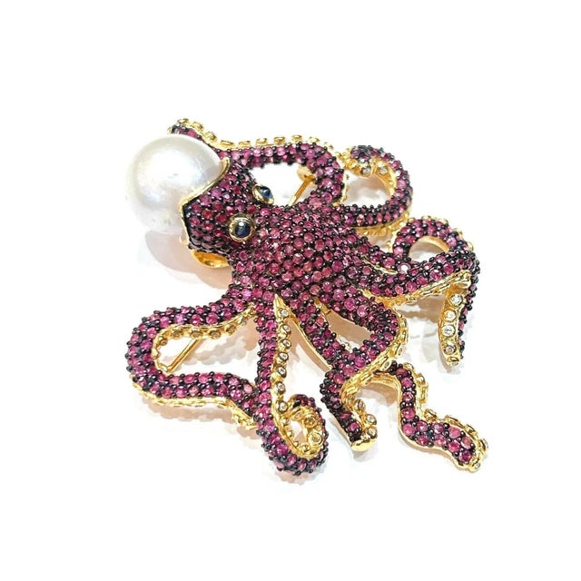 Pink Bochic “Orient” Pink Sapphire & South Sea Pearl Brooch Set 18K Gold & Silver For Sale - Image 8 of 8