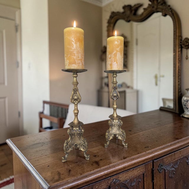 Antique Belle Epoque Bronze Altar Candle Holders-a Pair For Sale In Charlotte - Image 6 of 17