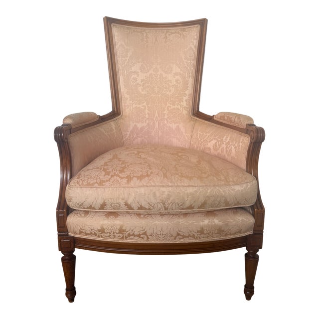 1950's French Bergere Damask Apricot Lounge Chair For Sale