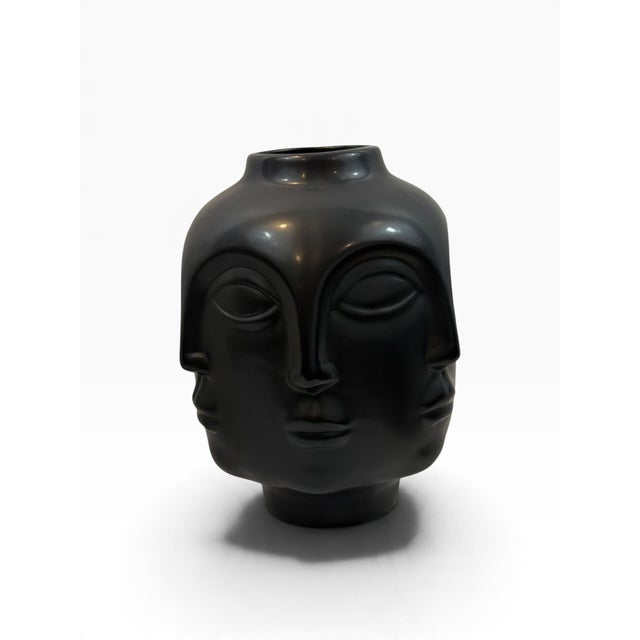 Pair of Multi-Face Ceramic Vases, Black and White Sculptural Faces, Modernist Style, 8 Inch For Sale - Image 4 of 5
