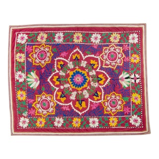 1970s Vintage Suzani Uzbek Hand-Embroidered Floral Samarkand Blanket Bed Throw Wall Hanging - 57” X 72” For Sale