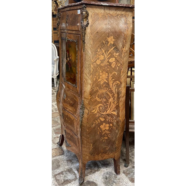 Louis XV style secretary desk, with painted and French marquetry work. Bentwood frame, brass trim, and marble top.