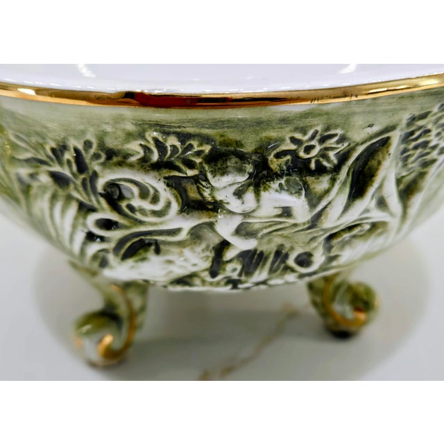 Green Vintage R. Capodimonte Italian Porcelain Covered Dish With Putti & Birds, Footed Green Gold Compote For Sale - Image 8 of 13