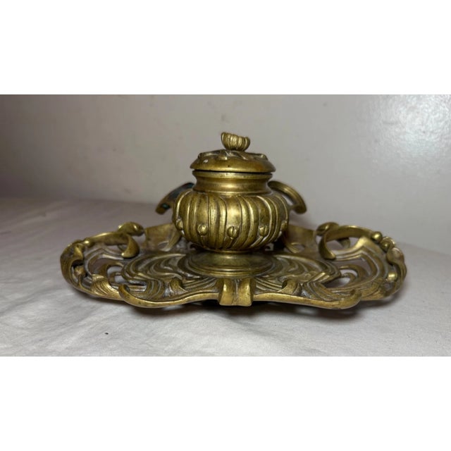 Art Nouveau Antique Ornate 19th Century Art Nouveau Gilt Bronze Brass Desk Inkwell Stand Jar For Sale - Image 3 of 15