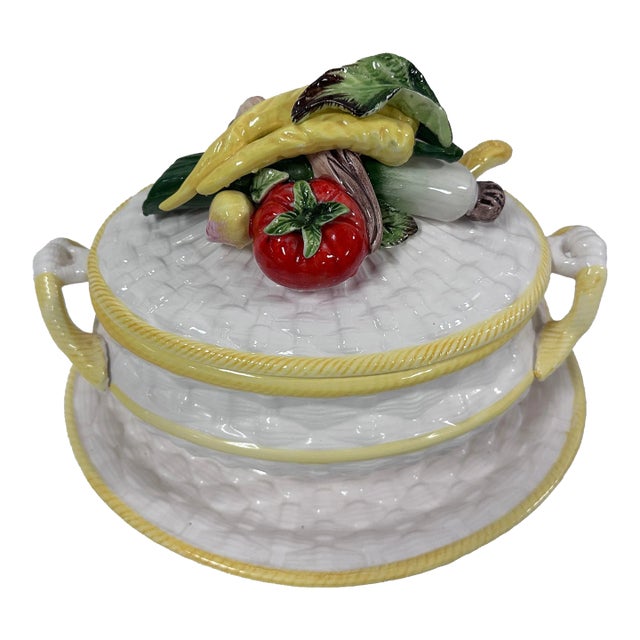 Antique Majolica Ceramic Soup Tureen With Vegetables With Underplate and Serving Spoon For Sale