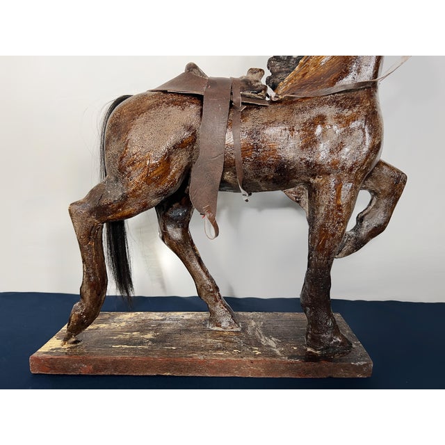 Antique American Folk Art Composition Plaster Horse With Leather Saddle & Horsehair Tail For Sale - Image 9 of 11