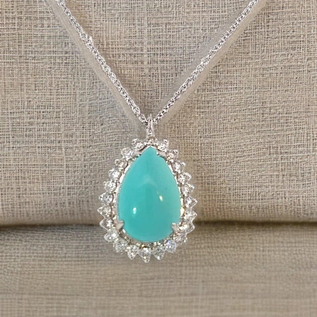 Persian Turquoise Diamond Pendant With Chain 17" 14k WG 9.9 TCW Certified For Sale - Image 12 of 18