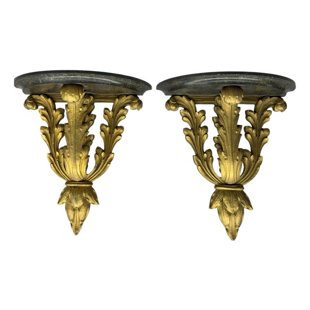 Gilded Acanthus Leaf Demi-Lune Hollywood Regency Wall Shelves, a Pair For Sale