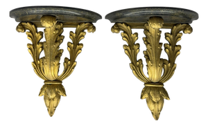 Gilded Acanthus Leaf Demi-Lune Hollywood Regency Wall Shelves, a Pair