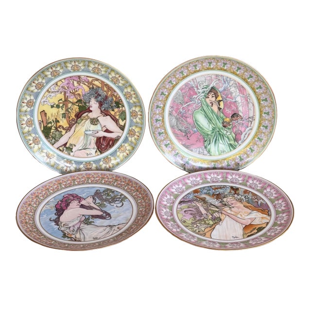 1985 Alphonse Mucha Art Nouveau Ladies of the Seasons Decorative Wall Plates - Set of 4 For Sale