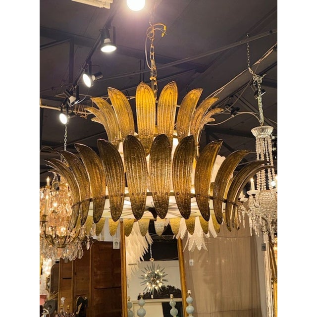 Large scale modern Murano glass 2-tier palm leaf crown form chandelier. Sure to make a statement! 30H x 54W