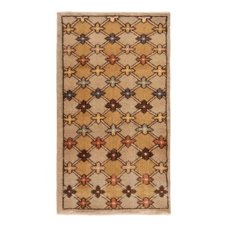 1960s Vintage Distressed Deco Rug in Beige-Brown, Gold, Blue Geometric Pattern For Sale