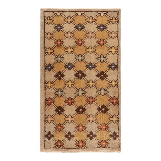 1960s Vintage Distressed Deco Rug in Beige-Brown, Gold, Blue Geometric Pattern For Sale