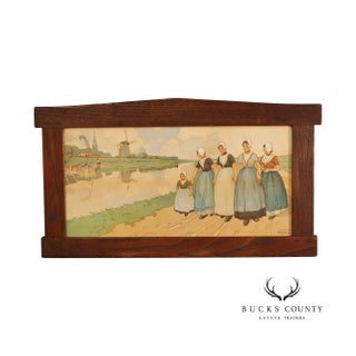 Henri Cassiers Dutch Village Scene Print in Arts & Crafts Oak Frame For Sale