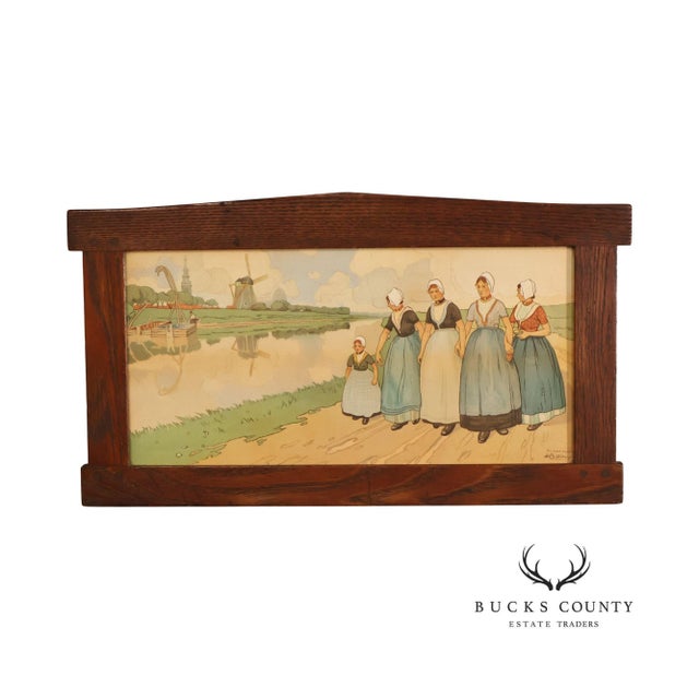 Henri Cassiers Dutch Village Scene Print in Arts & Crafts Oak Frame For Sale