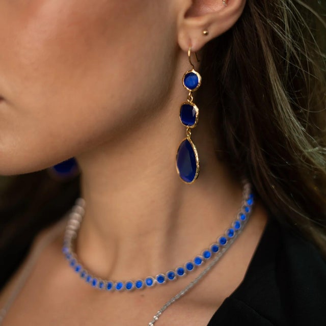 Blue Cat Eye Dangle Earrings, A Pair For Sale - Image 4 of 7