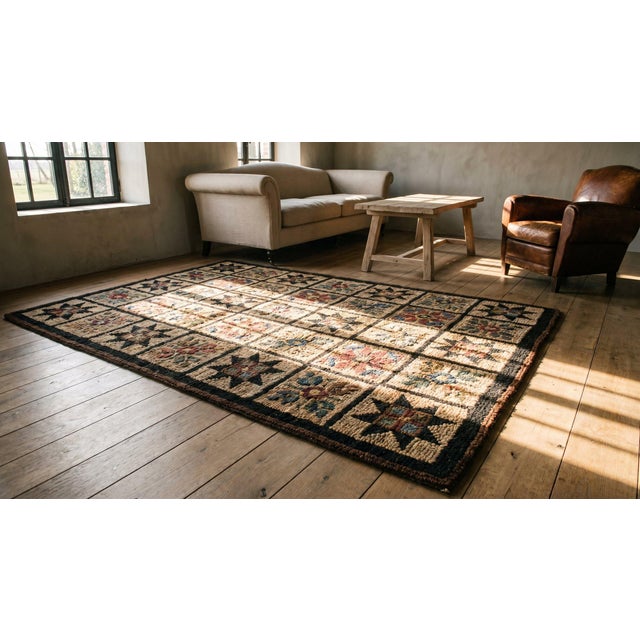 1930s Brown Floral Geometric Folk Art Antique American Hooked Rug 5'4" X 8'8" Hand Knotted Wool Carpet For Sale - Image 9 of 9