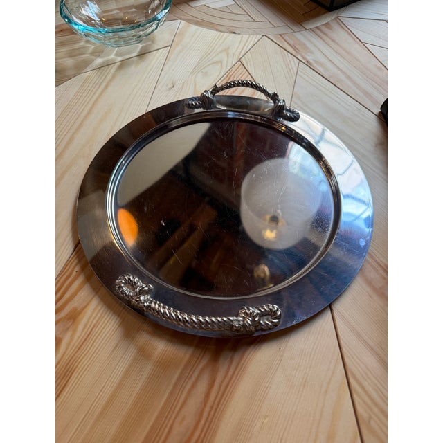 Italian Mid-Century Silver-Plated Oval Serving Tray With Rope Handles, 1970s For Sale - Image 4 of 6
