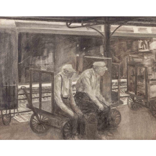 Benjamin Lassen (American, 1904-1968), Railroad Workers, Charcoal on Paper, signed upper right, wood frame. Image: 15.5" H...