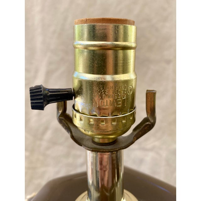 Beautiful pair of vintage lamps with shades. Cocoa colored hexagonal ginger jar base is decorated with raised floral...