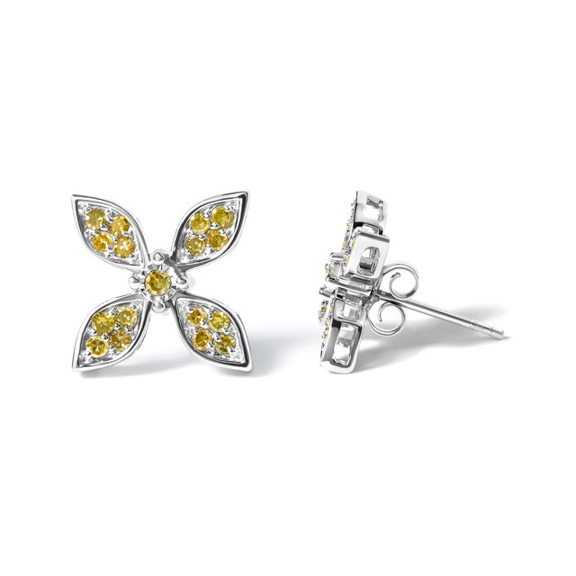 Haus of Brilliance Sterling Silver Yellow Treated Diamond Accent Floral Stud Earrings For Sale - Image 4 of 4