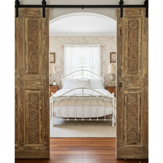 1920s Vintage Hand-Carved Floral Closet Doors – Reclaimed Wood Brown Double Doors 80x32 For Sale - Image 5 of 5