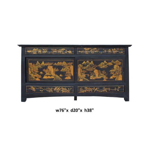 Chinese Fujian Golden Graphic Sideboard High Credenza Console Table TV Cabinet For Sale - Image 4 of 13