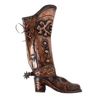 Italian Mid-Century Copper Western Boot Umbrella Stand, Repoussé Decoration, 70s, 1970s For Sale