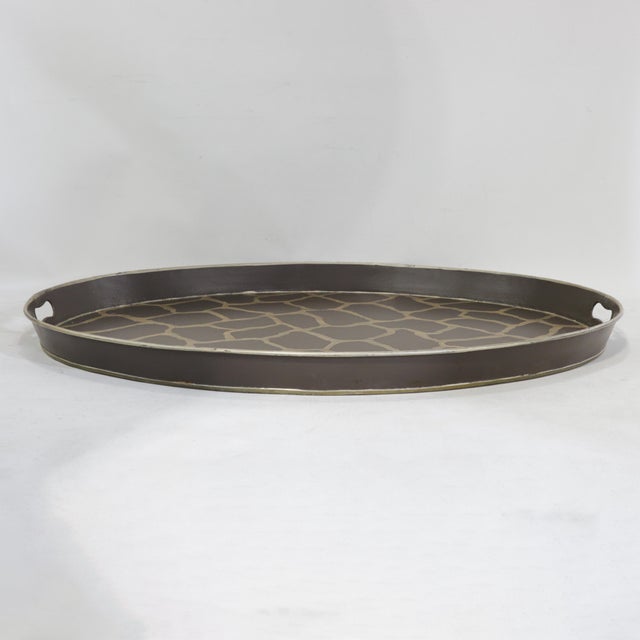 Vintage Large Oval Tole Tray - Hand Painted Brown and Cream Giraffe Animal Print Decorative Tray For Sale In New York - Image 6 of 15