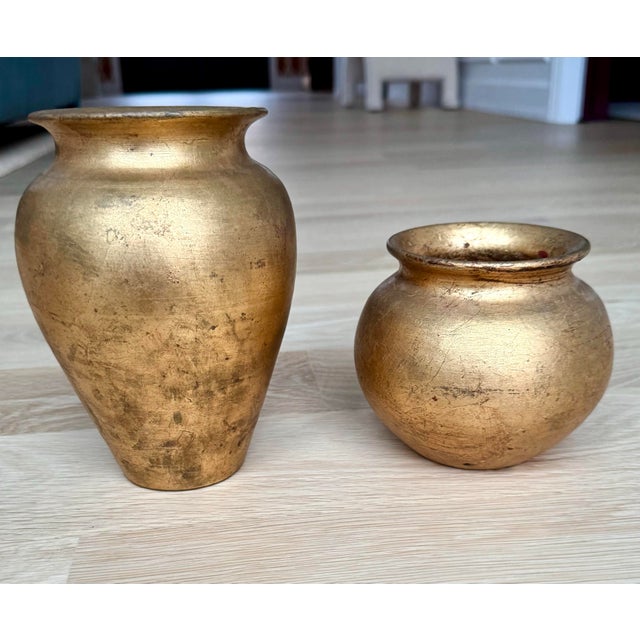 Neoclassical Set of 2, Neoclassical Gold Leaf Terracotta Vases – Made in Italy For Sale - Image 3 of 8