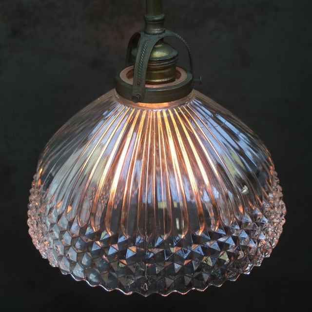 Industrial French Brass and Holophane Glass Pendant Light For Sale - Image 3 of 9