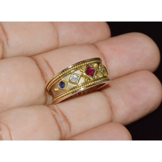 Gemstone Gorgeous Natural Diamond Ruby Sapphire 18K 750 Solid Gold Byzantine Beaded Greek Ring Band, size 6.5 For Sale - Image 7 of 10