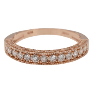 14k 585 Solid Rose Gold Side Engraving Natural Diamond Band Ring, Size 8 For Sale