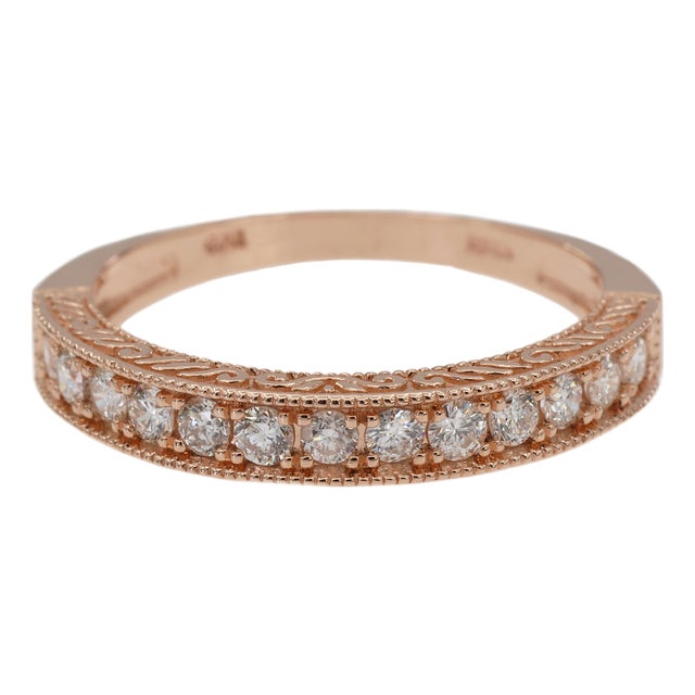 14k 585 Solid Rose Gold Side Engraving Natural Diamond Band Ring, Size 8 For Sale